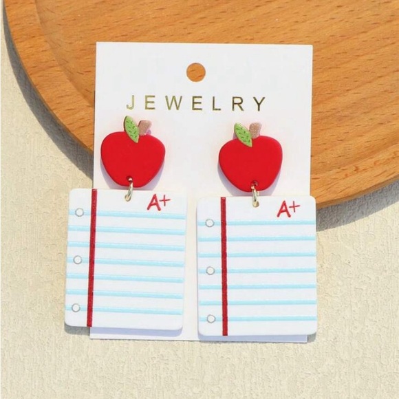 Apple Shaped Book & Notebook Printed Ceramic Texture Acrylic Earrings - Picture 6 of 7
